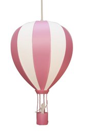 Pink and white striped hot air balloon pendant light for children's room. Soft, whimsical design with a round, balloon-like shape.