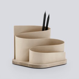  Wooden desk organizer with multiple compartments for storing pens, pencils, and other office supplies.
