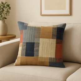  Patterned decorative cushion cover, natural cotton, colorblock design with blue, tan, cream, and rust tones, 16x16 inch square pillow case.