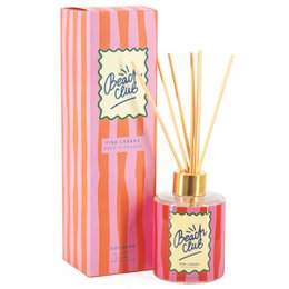  Pink reed diffuser with a cabana scent, featuring a striped glass bottle and wooden diffuser sticks.