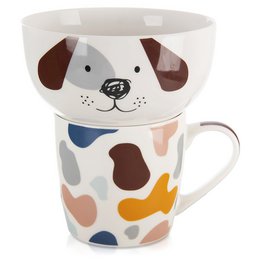  "Kids Mug with Bowl Porcelain Dog 2 pcs - A colorful and playful kids meal set featuring a mug and bowl with a cute dog design. The set is made of porcelain and includes 2 pieces."