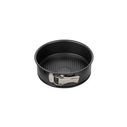 A round, black springform pan made of metal with a metallic finish. The pan has a removable base and is suitable for baking cakes.