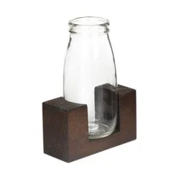 A clear glass vase with a wooden stand, designed to hold a single flower or small arrangement. The vase has a simple, minimalist design that complements the natural wood stand.