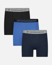 Men's black, navy, and blue boxer briefs with Amsterdam Heritage branding. Available in sizes M, L, XL, and XXL.