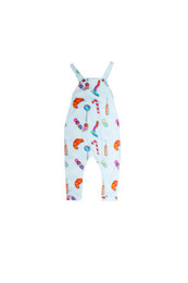 Colorful baby romper with candy print, available in sizes 3-6 months to 18-24 months.