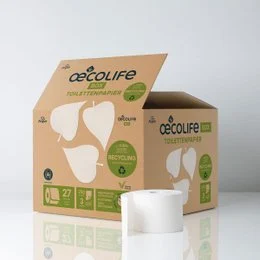 Recycled toilet paper box made of eco-friendly materials. Rectangular shape, neutral colors, and eco-friendly branding.