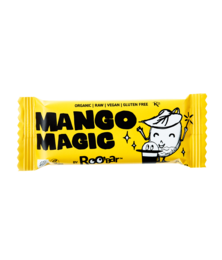 Organic mango-flavored snack bar, 30g, in yellow packaging with cartoon character.