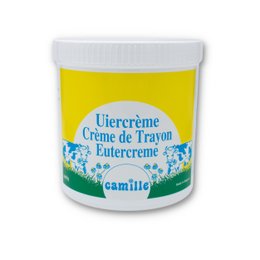 Large 1 kilo jar of Camille udder cream. Creamy yellow color. Suitable for dry, cracked skin. Contains natural ingredients to moisturize and soothe the skin.