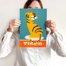 Woodcut print with tiger for the children's room