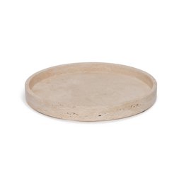 Travertine round tray with raised edge, suitable for decorative use on a table or shelf.
