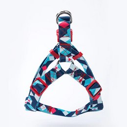 Multicolor dog harness with geometric patterns, suitable for small to large dogs.