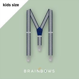 Navy blue kids suspenders with cobalt blue Y-back and silver metal clips, suitable for ages 4-12 years.