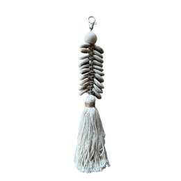 Bag hanger with a natural woven design and tassel accent, suitable for keychains or decorative use.