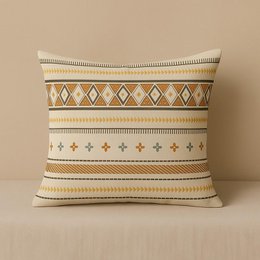  Beige boho print cushion cover, natural cotton, geometric diamond patterns, tribal ethnic design, square pillow cover.
