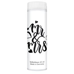 A small pack of wedding-themed bubbles with the text "Mr. & Mrs." printed on the label. The bubbles are a fun and festive addition to a wedding celebration.