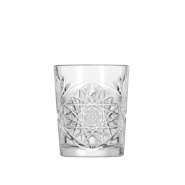 A set of 12 clear glass tumblers with a hobstar pattern, each holding 355 ml of liquid.