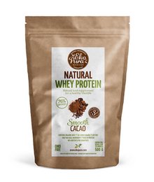 Natural whey protein powder with cacao flavor, high in protein and low in carbs, suitable for fitness and weight management.