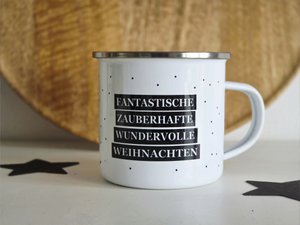 Emaille bekers met spreuk voor Kerstmis