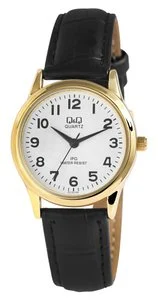 Q&Q Damenuhr, Lederimitat, Ø 30 mm, schwarz/ goldfarben