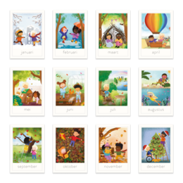 Colorful illustrated cards depicting children in various seasonal scenes, including a child playing with a stuffed animal in an autumn landscape.