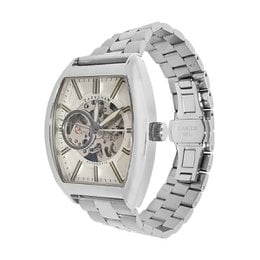 Stainless steel automatic skeleton watch with rectangular case, silver dial, and metal bracelet strap. Available in blue, green, and pink color variants.
