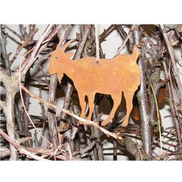 A decorative goat sculpture made of rust-colored metal, measuring 13cm x 13cm, suitable for garden or outdoor decor.
