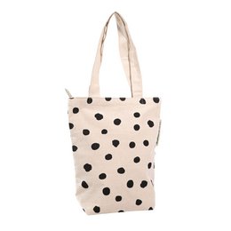  Beige tote bag with black polka dots, made from recycled bed linen, featuring a zipper closure.