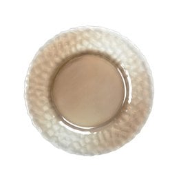  A large, round, flat dinner plate with a finely textured, golden edge. The plate appears to be made of ceramic or porcelain material.