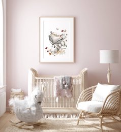 Impresión de vivero de mapache, póster de mapache, impresión de vivero floral, póster de animales del bosque, impresión de flores silvestres, póster de vivero de niñas, habitación de niñas