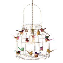 A decorative hanging lamp with a wire cage design and colorful bird figurines attached, creating a whimsical and nature-inspired lighting fixture suitable for a nursery or child's room.