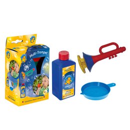 Colorful multi-bubble trumpet toy with various bubble-blowing accessories, including a trumpet-shaped bubble wand, bubble solution, and a bubble tray. Designed for educational and imaginative play.