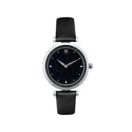 Elegant black watch with a starry night dial and a sleek leather strap. The Hemera watch features a stainless steel case and a minimalist design, making it a versatile accessory for any occasion.