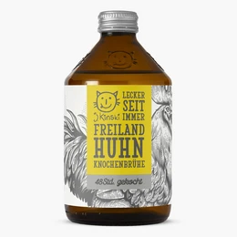 Organic free range chicken bone broth 525ml, a high-quality bouillon product made from free-range chickens. The broth is rich in nutrients and perfect for soups, stews, and sauces.