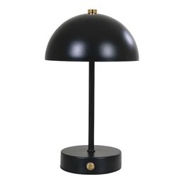  A black dome-shaped table lamp with a metal base and a brass accent. The lamp has a simple, modern design that would complement a variety of home decor styles.