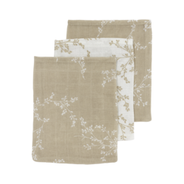 Soft, absorbent baby bath towels in a neutral sand color with a delicate floral pattern. Available in various sizes and multi-packs for versatile use.