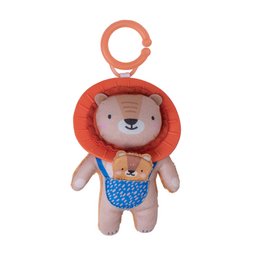 Soft, plush toy of a lion character named Harry, with a red hooded outfit and a blue patterned outfit. Suitable for babies and young children.