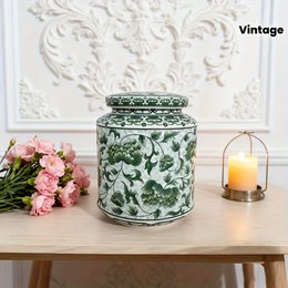  "Ceramic jar with lid, Chinese floral lotus patterns, vintage porcelain vase, decorative container"