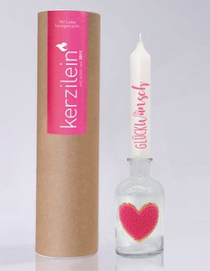 Glas mit Stabkerze und Patch Herz gold/neon pink, weiß/neon pink "Glückwunsch"