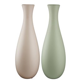 The product is a set of 2 assorted bottle vases "Opaco" with a height of 30.5cm. The vases are made of a matte material and come in two different colors - a light beige and a light green. The vases have a simple, elegant shape that would complement a variety of home decor styles.
