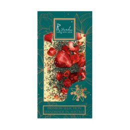 Premium white chocolate bar with poppy seeds and strawberry pieces. Handmade in Austria.