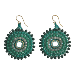  Vibrant green statement earrings with a circular design featuring beaded details.