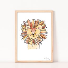 'Colorful and whimsical kids room poster featuring a friendly lion illustration. Suitable for decorating a child's bedroom or nursery.'

The image shows a colorful and whimsical illustration of a lion. The lion has a friendly, cartoon-like expression with large eyes and a warm, inviting smile. The lion's mane is depicted with vibrant, abstract patterns and shapes in shades of orange, yellow, and brown. This poster would be suitable for decorating a child's bedroom or nursery, adding a playful and cheerful touch to the space.
