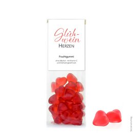 Red heart-shaped fruit gummies in a clear plastic package labeled "Gluckskinder Herzen" (Luck Children Hearts).

The image shows a clear plastic package containing red heart-shaped fruit gummies. The package is labeled "Gluckskinder Herzen" which translates to "Luck Children Hearts". The gummies appear to be made of a soft, chewy fruit-flavored candy in the shape of hearts.