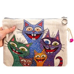 A colorful, whimsical makeup pouch featuring a group of playful, cartoon-style cats in various shades of blue, green, and orange. The cats have expressive faces and appear to be in a cheerful, playful mood.