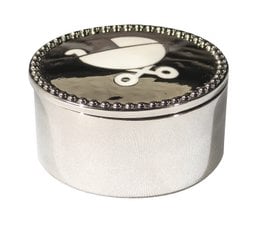 A round, silver-colored metal box with a decorative rim and a bird-shaped lid. The box appears to be a decorative storage container or trinket box, likely intended for use in a child's room or nursery.
