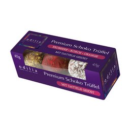 Premium organic chocolate truffles in a variety of flavors, including dark chocolate, milk chocolate, and white chocolate. Presented in a decorative box.