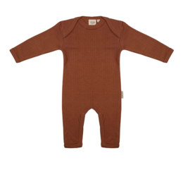 Amber brown newborn jumpsuit, available in sizes 0-1 months, 1-3 months, 3-6 months, 6-9 months, and 9-12 months.