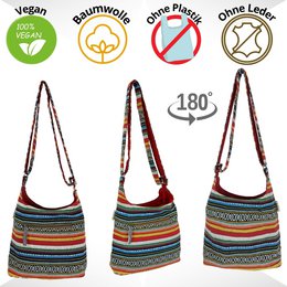 Sunsa hobo taske. Stribet taske i vævet bomuld. Dame/piger skuldertaske med justerbart håndtag. Letvægts stor stoftaske med lynlåslukning.