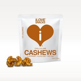 Chilli & Lime Cashews, 22g bag of roasted and seasoned cashew nuts with a spicy and tangy flavor.