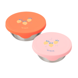 Colorful snack boxes with fruit designs, perfect for kids' lunches or snacks. Includes round, stackable containers in orange and pink with cute fruit illustrations.